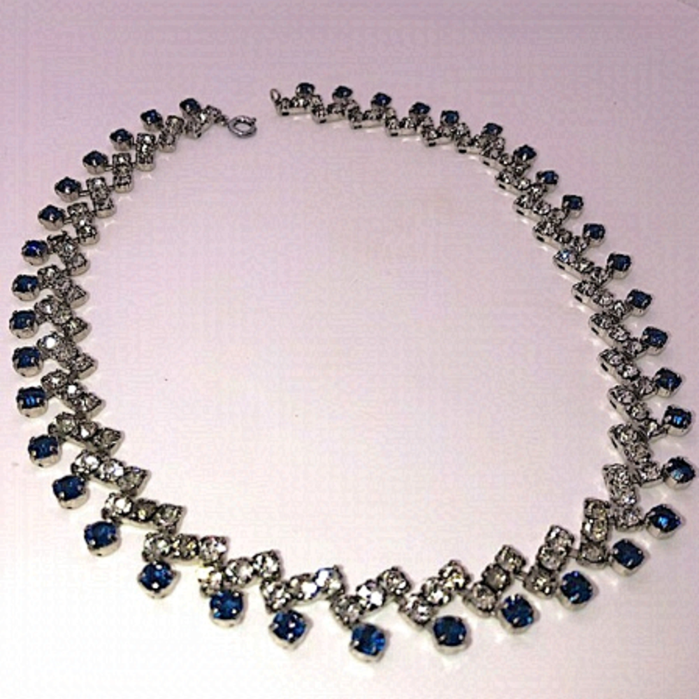 Vtg Blue & White Rhinestone Necklace 15” Unmarked